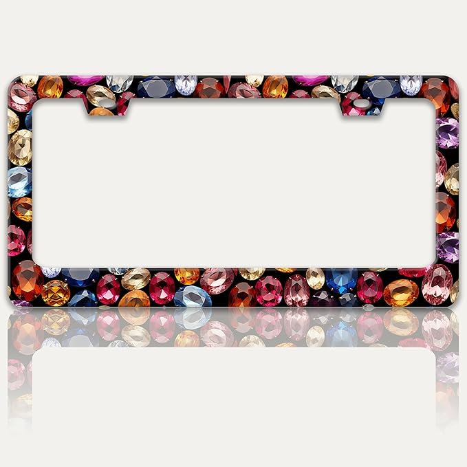 Beautiful Gemstone Pattern License Plate Frame Bling License Plate Holders Funny Stainless Steel Auto Accessory Bracket 2 Hole With Screws Universal Us Car License Plate Frames 6x12 Inch For Women Men