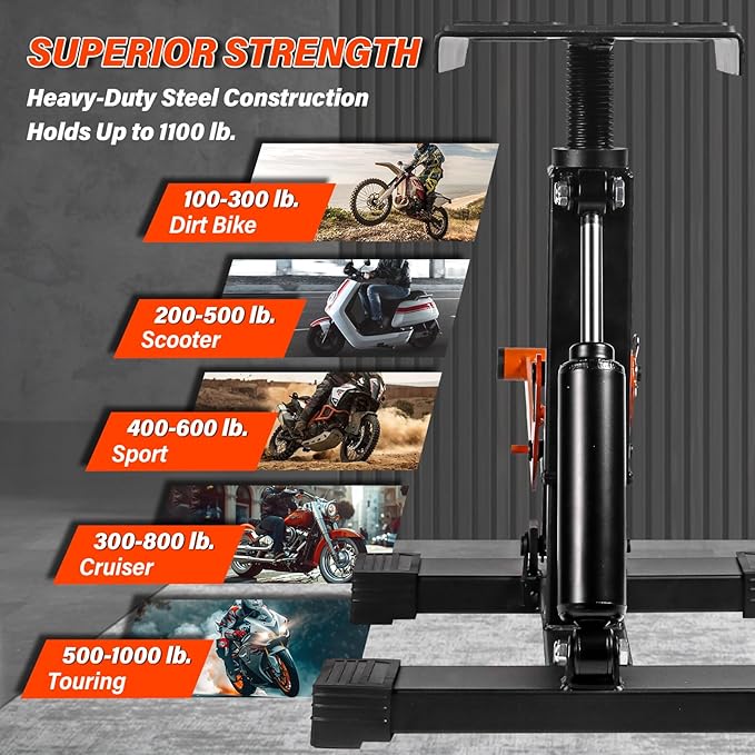 Adjustable Dirt Bike Stand & Powersport Jack 1000LBS Capacity, Heavy Duty Hydraulic Motorcycle Lift Stand & Center Stand for Maintenance, Dirt Bike Accessories for Garage & Shop (New-Orange)