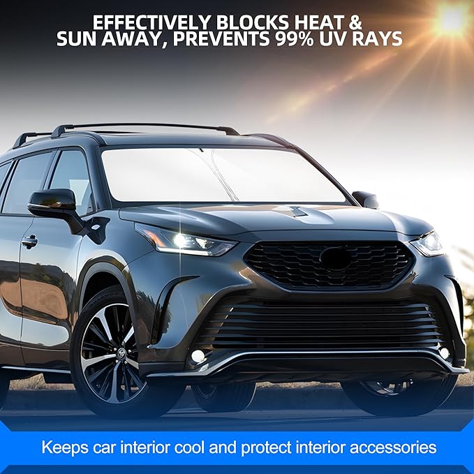 Windshield Sun Shade for Toyo-ta Highlander (L LE XLE Limited Platinum) 2020-2025 2026 Foldable Sunshade Custom Fit Front Window Car Interior Accessories Protector Blocks UV Rays