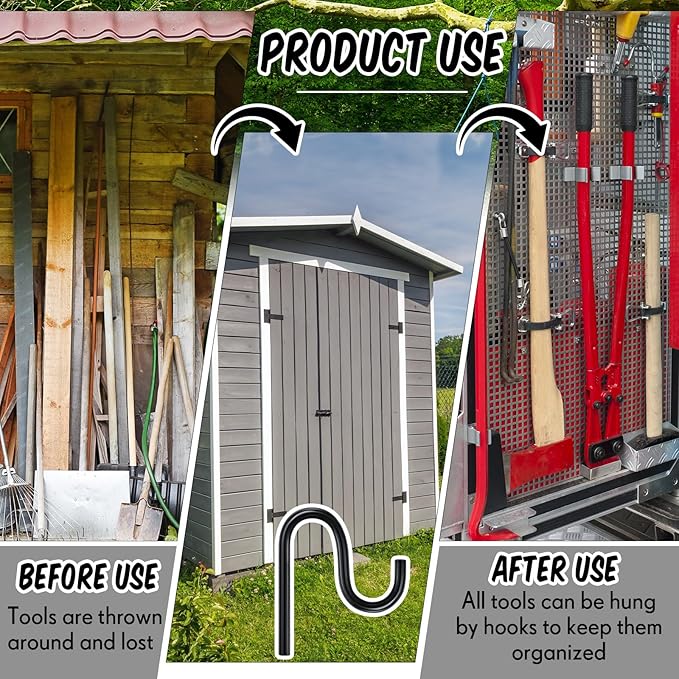Blulu 10 Pcs 2'' Long Shed Hooks Shed Accessories for Hanging Heavy Duty Individual Utility Hooks Universal Wall Mounted J Utility Hangers for Tools Shovels Rakes Storage (Black)
