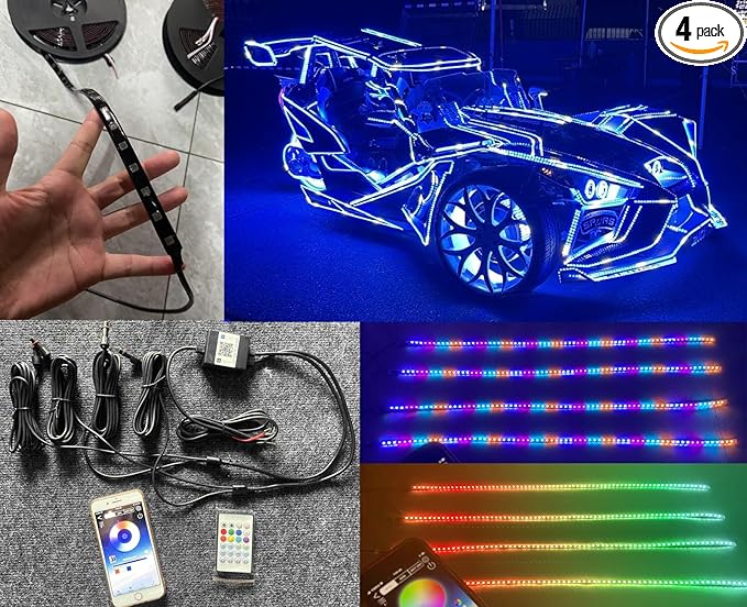 Black Out Full Tinted Smoked LEDs x4PCS 4FT 48" 1.2Meters RGB Dream Color Chasing IP65 Light Strips for Car Truck Slingshot Golf Cart Motorcycle Wheel Underbody Fender Grille DIY Bluetooth Remote