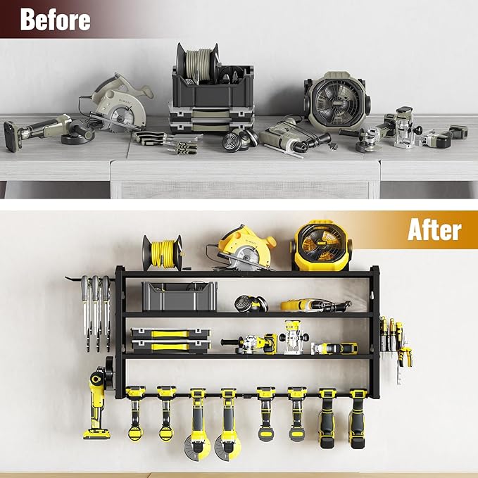 Tomorotec Wall-Mounted Power Tool Storage Rack for Drill, Toolbox & Accessories, Heavy-Duty Steel Organizer with Side Hooks and Adjustable Shelves, Easy Installation Garage & Workshop Storage (Black)