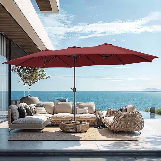 PHI VILLA 15ft Patio Umbrella Double-Sided Outdoor Market Extra Large Umbrella with Crank, Umbrella Base Included (Dark Red)