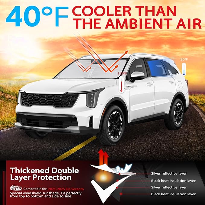 KAYZT Windshield Sun Shade for 2021-2025 2026 Kia Sorento Foldable Sunshade Front Window Custom Fit Car Accessories