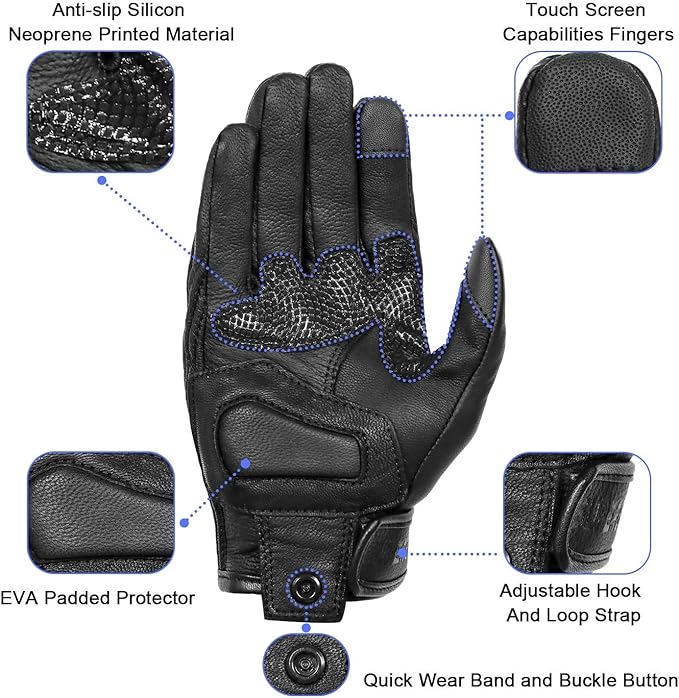Updated Full Finger Leather Motorcycle Gloves Phone Touch Goat Skin Black Motorbike Riding Gloves (Updated,Non-Perforated, L)