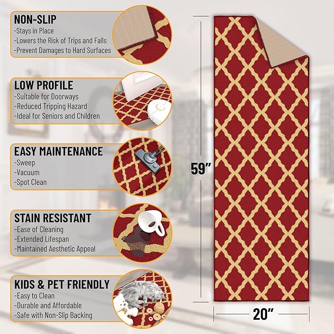 Ottomanson Hallway Runner Rug 20" x 59" Non Slip Trellis Area Rugs Easy to Clean Laundry Rug Runner Durable & Pet Friendly Floor Carpet Runners for Hallways Entryway Living Room Kitchen Bathroom, Red