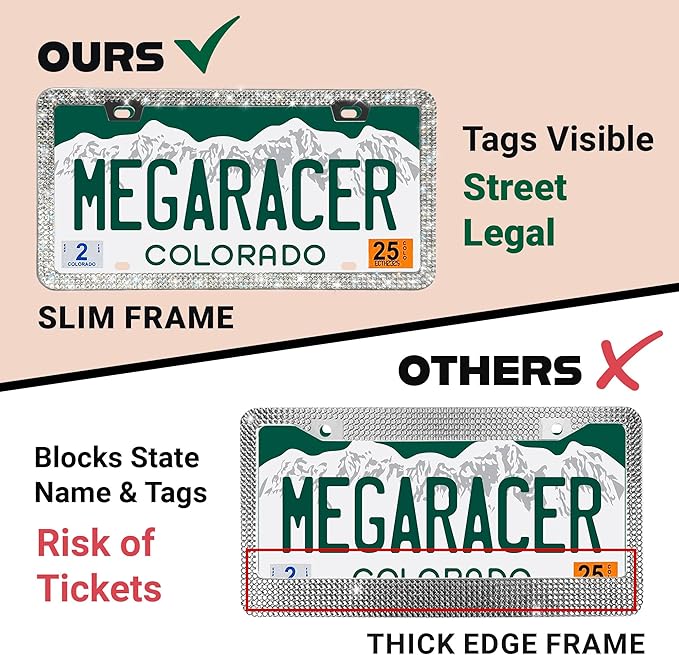 Sparkly Bling License Plate Frame for Women - 1 Pack, 800 Premium Rhinestones, Rust-Free Stainless Steel, Street Legal & Slim Design, Girly Bedazzled Diamond Car Tag Holder with Glitter Crystal Covers