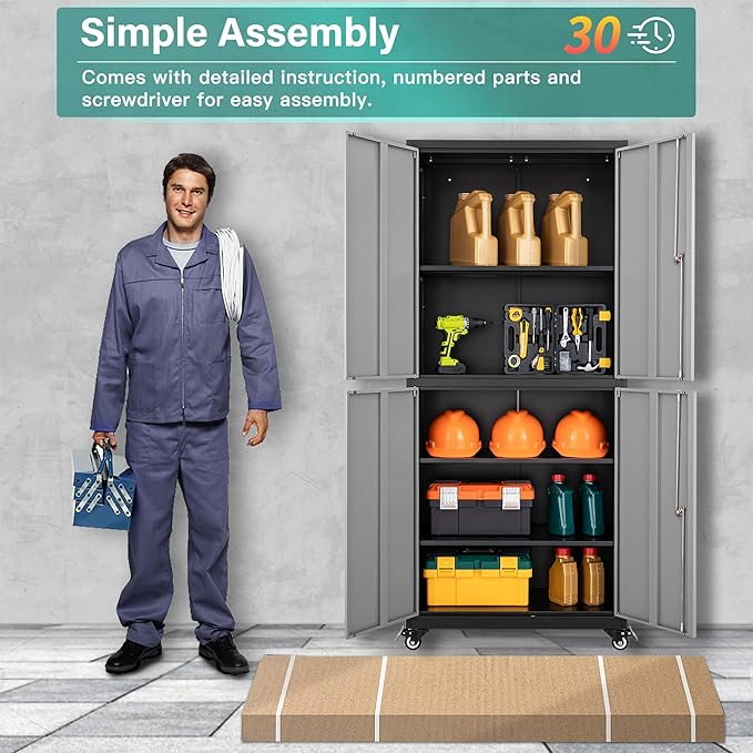 Metal Storage Cabinet with Wheels,Rolling Garage Storage Cabinet with Lock,Gray Lockable Metal Cabinets with Shelves,Tall Tool Cabinets on Wheels for Garage,Home,Office,Shop