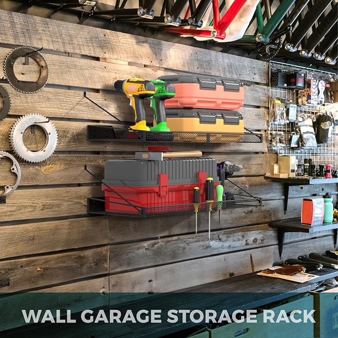 Garage Wall Shelf (2PCS-23.6"x12"x2.2") Steel Wall Shelf Storage Rack-design of TRIANGULAR BRACKET, Wall Mount Heavy Duty Metal Shelves Mesh Storage Rack for Garage, Office, Basement Kitchen, Closet