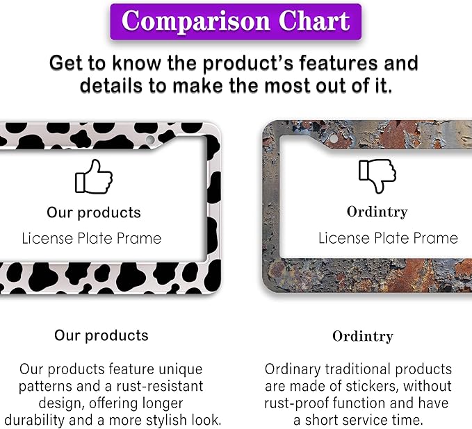 License Plate Frames Black and White License Plate Frame Animal Cow Print White Black Spot Design Universal Aluminum Car Accessory 2 Pack with Screw Covers Set