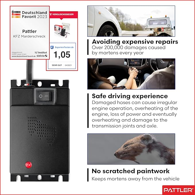 PATTLER® Marten Repellent for Car Engines - Ultrasonic Marten Repeller Under Hood for Immediate and Long-Term Protection Against Martens. Marten Deterrent for Cars Powered by 12V Car Battery - 2 Unit