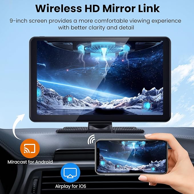Wireless Portable Carplay Screen with 4K Dash Cam, 9" HD Touch Screen with A-pple Carplay & Android Auto Car Stereo, with 1080p Backup Camera, GPS Navigation/Mirror Link/Voice Control/Bluetooth