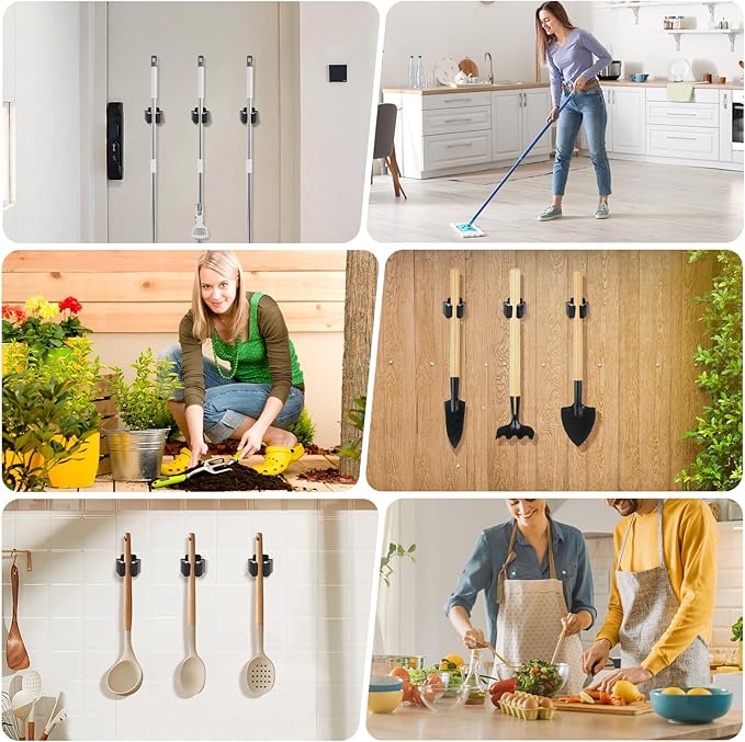 Broom Holder Wall Mount, 4PCS Broom Hanger Wall Mount, Stainless Steel Heavy Duty Mop Holder Broom Mop Hanger Wall with Screws, Garden Outdoor Tool Organizer Rack Broom Hanger (Black)
