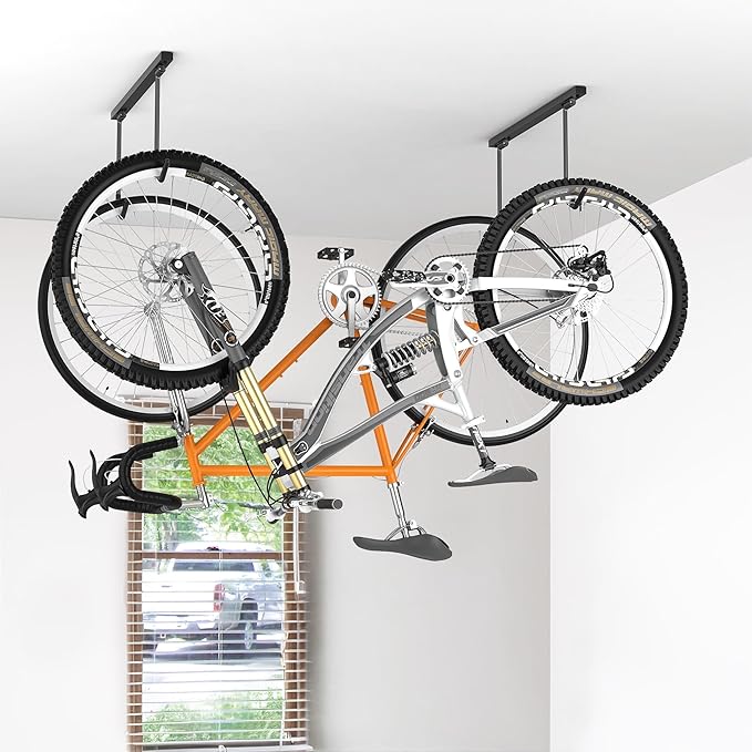 WALMANN Ceiling Mounted Bike Rack for Garage, Space-Saving Ceiling Bike Storage for 2 Bikes(Horizontally)/4 Bikes(Vertically), Adjustable Bike Hooks for Road Mountain Bikes