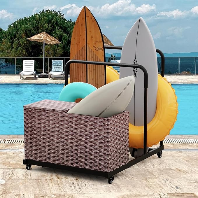 Pool Storage, All-Weather Float Storage Organizer for Cushions, Pool Float Storage Bin with Wheels, Waterproof Metal with Rattan Pattern UV Print Outdoor Pool Towel Rack, Brown