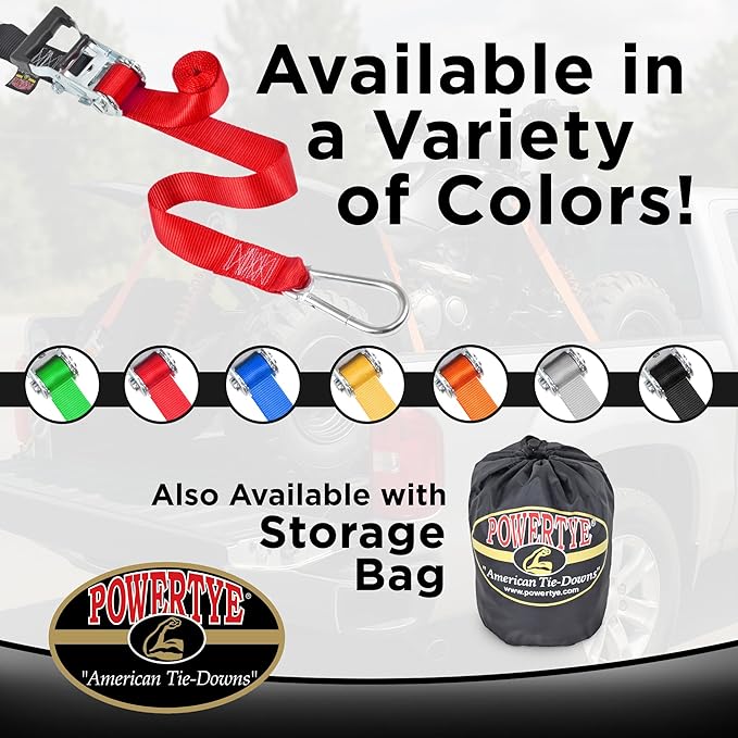 PowerTye 1.5in x 6.5ft Heavy Duty Ratchet Tie-Down Straps with Soft-Tye and Carabiner Hooks - 1,000 lb Working Load Limit / 3,000 lb Breaking Strength - Made in USA - Black/Black Pair
