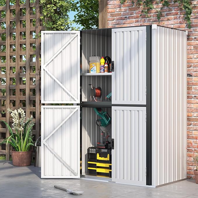 AECOJOY Outdoor Storage Cabinet, Outdoor Cabinets Waterproof with Shelves, Large Lockable Storage Cabinet Metal Vertical Storage Shed Tall Weatherproof Garden Sheds & Outdoor Storage White