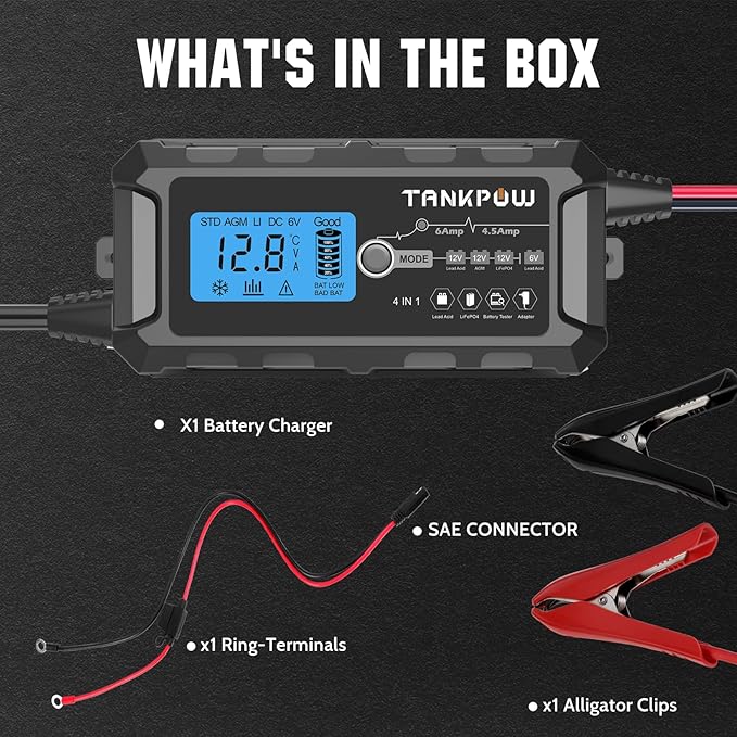 6-Amp Automotive Battery Charger, 6V and 12V Smart Car Battery Charger,Trickle Charger Battery Maintainer and Desulfator,Float Charger for Car,Motocycle,ATV,Lithium and Deep Cycle Batteries.