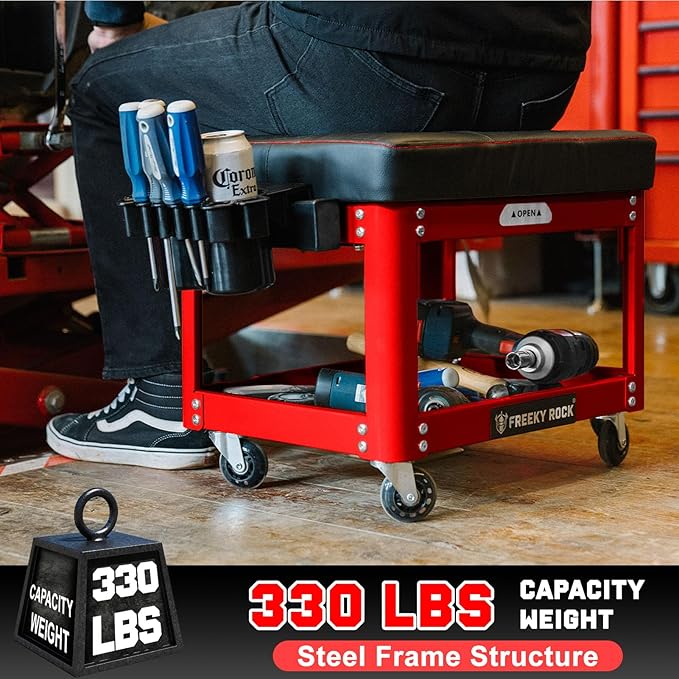 Rolling Mechanic Shop Stool with Wheels, Garage Mechanics Stool with 2 Layer Repair Tools Tray, Padded 360° Swivel Automotive Roller Creeper Seat Shop Chair, Heavy Duty, 330 LBS Capacity, Red