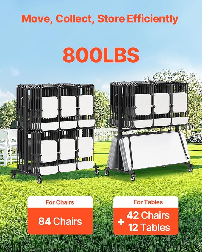 VEVOR Folding Chair Rack, 800 LBS Capacity, Heavy-Duty Chair Cart for 84 Chairs/ 12 Tables+42 Chairs, Dual-Layer Chair Storage Dolly with Rubber Wheels and Holders, Large Chair Holder, Matte Black