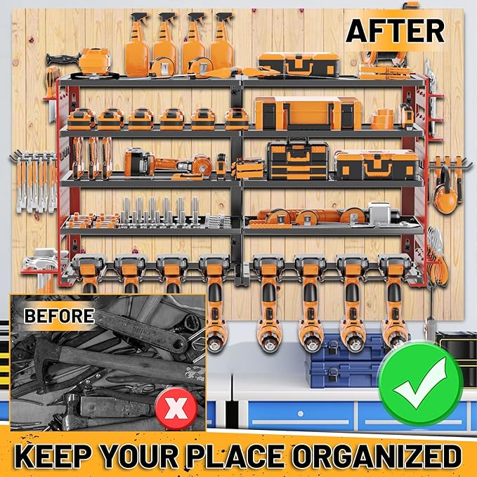 5 Layers Power Tool Organizer Wall Mount, Cordless Tool Storage Rack Holder with 8 Drill Holders, Heavy Duty Garage Wall Tool Shelf for Workshop Tool Room Men Husband Father Gift (Black-Red)