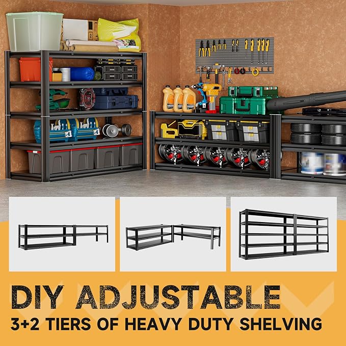 5-Tier 60" W x 20" D x 72" H Garage Shelving Metal Storage Rack 3000LBS Garage Shelving Heavy Duty Adjustable Storage Shelves Unit for Industrial Warehouse Basement Utility Shelf (Black)