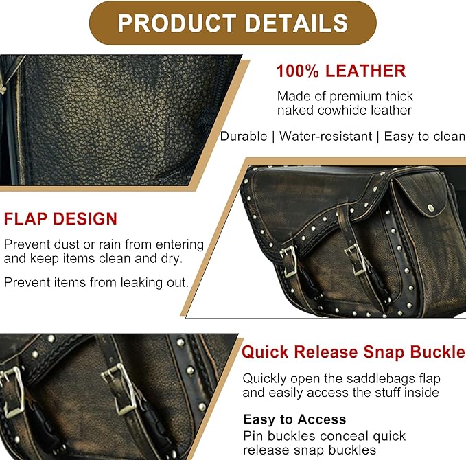 Dream Apparel Naked Cowhide Leather Motorcycle Saddle Bags Studded Throw Over Saddlebags, Motorcycle Side Bags for Honda Shadow Sportster Softail Dyna V-star (Distressed Brown, With Studs)