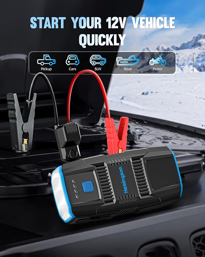 Car Jump Starter, HEMINGSON 2000A Peak Battery Jump Starter Portable 12V Jump Box for Vehicles 7.0L Gas and 5.5L Diesel Engines with 4 Modes LED Lights and Jumper Cable