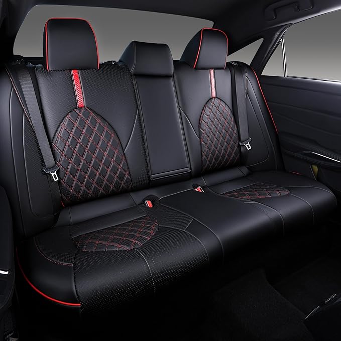 Custom Fit Camry Seat Covers for Toyota Camry Hybrid LE, Hybrid SE 2018-2024 Full Coverage Waterproof Breathable Leather Car Seat Covers Full Set (Black with Red Trim)