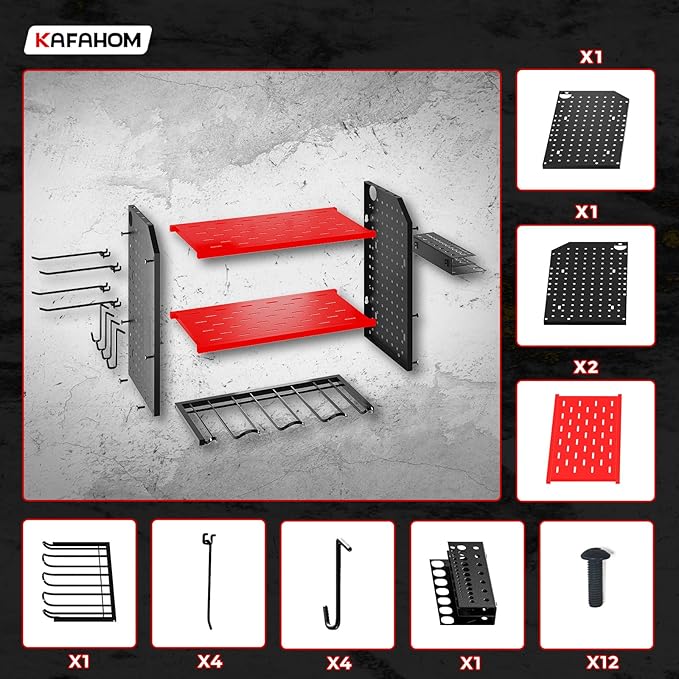 KAFAHOM Power Tool Organizer for Tool Storage, Drill Holder Wall Mount With 2 Side Pegboards, Metal Tool Shelf with 12 Hooks, Tool Organizers Storage Rack, Utility Cordless Drill Rack Red