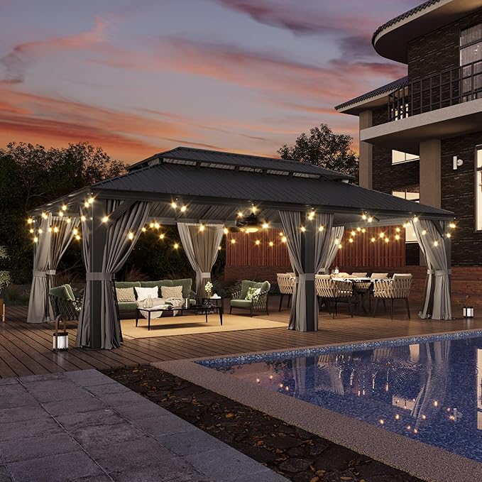 Aoxun 14' X 24' Hardtop Gazebo with Drainage System, Aluminum Outdoor Gazebo with Galvanized Steel Double Roof, Patio Permanent Metal Pavilion with 20 inch Ceiling Fan, for Garden, Deck, Grey