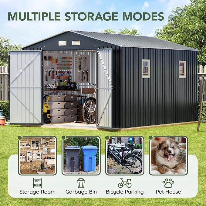 10x10 FT Outdoor Metal Storage Shed with Floor Frame, Double Swing Doors, 2 Clear Windows,Tool Shed for Garden, Patio, Backyard