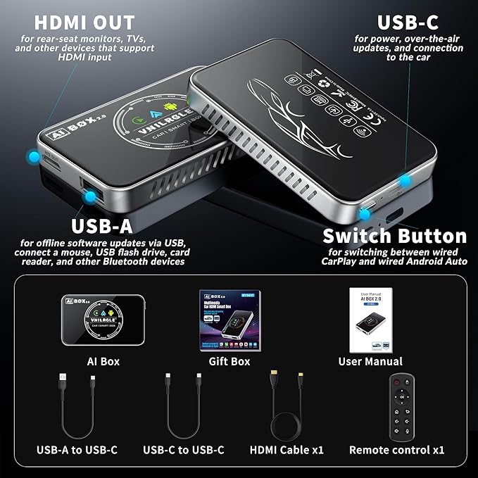 4-in-1 Wireless CarPlay Adapter & Android Auto Wireless Adapter, Stream Netflix, YouTube, and More, Split-Screen & Mirroring, for Cars with OEM Wired CarPlay/Android Auto