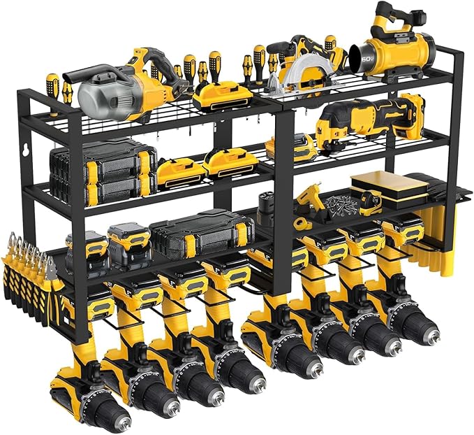 Power Tool Organizer Wall Mount, 4 Layer Heavy Duty Metal Power Tool Storage Rack, 8 Drill Holders Wall Mount, Utility Racks Cordless Tool Storage Rack for Garage Workshop Fathers Men Gift
