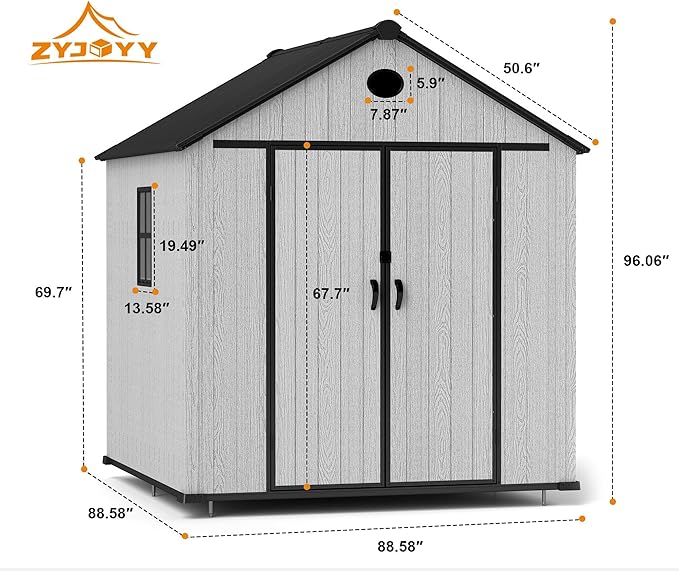 7.3 x 7.3 FT Shed Resin Outdoor Storage with Floor, 436 cuft Plastic Shed with Window and Lockable Door for Garden,with Wood Texture, Grey