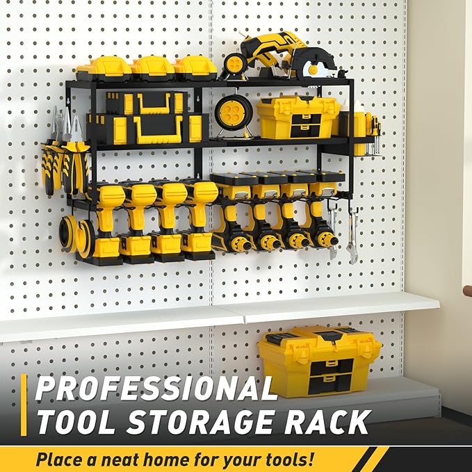 Large Power Tool Organizer Wall Mount for Fathers Dad, 3 Extra Large Layers Heavy Duty Metal Garage Organization Loads 300lbs with 8 Cordless Drill Holder, Power Tool Shelf for Workshop, Utility Racks