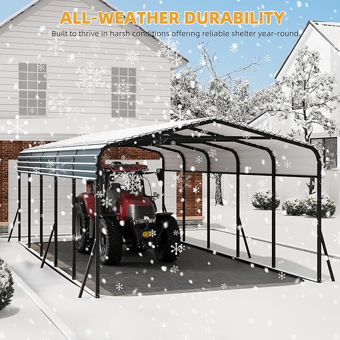 12x24FT Metal Carport Kits with Galvanized Steel Roof, Heavy Duty Metal Roof Carport with Enhanced Base, Tall MetalCarport Kits Garage for Tractors, Pickup, Boat, Car