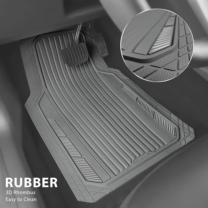 CAR PASS Heavy Duty Sporty Rubber Car Mats, Deep Dish All Weather Car Floor Mats Full Set, Waterproof Anti-Slip Automotive Matts Rugs Trim to Fit for Most Sedans SUVs Vans, 4-Piece All Gray