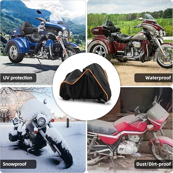 420D Motorcycle Cover for Trike Models Freewheeler, Tri Glide Ultra and CVO Version, Outdoor Bike Cover Windproof Heavy Duty Waterproof Protection(with Antenna Openings&Exhaust Heat Insulation)