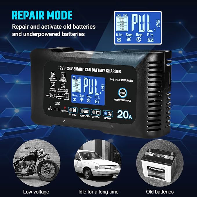 Battery Charger 0-20A 12V/24V Lithium LiFePO4 Lead Acid Fully Automatic Maintainer, Smart Car Battery Charger,Trickle Charger w/Pulse Repair for Trucks,Boats,Motorcycles,Deep Cycle Batteries ﻿