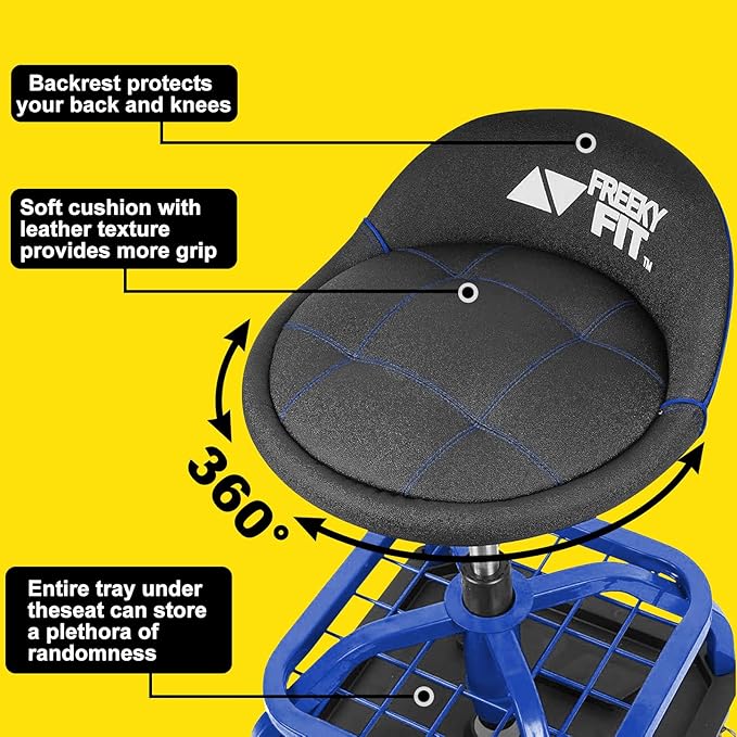 Rolling Shop Stool with Wheels, Garage Work Mechanic Stool with Backrest, Roller Mechanic Chair, Adjustable Height, 360° Swivel, Tool Tray Storage, 330 LBS Capacity, Heavy Duty, Blue
