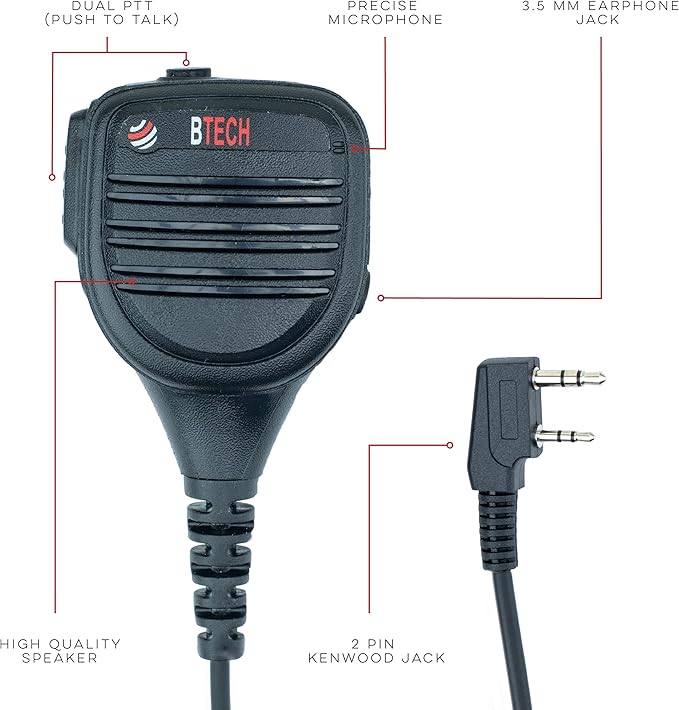 BTECH QHM22D Dual Push-to-Talk (PTT) Speaker Mic, Platinum Series IP54 Rainproof Shoulder Mic for BaoFeng, BTECH, Kenwood Radios