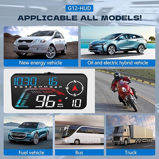 Hud Car Head Up Display G12 with HD LED Display for All Speedometer for All Speedometer Models, with Adaptive Light Sensing