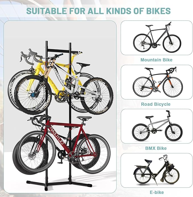 Urban Deco 2-4 Bike Storage Rack Garage Max154lbs, Freestanding Indoor Bike Rack with Adjustable Hooks, Vertical Bike Floor Stand for Road, Mountain and Hybrid Bike, Black