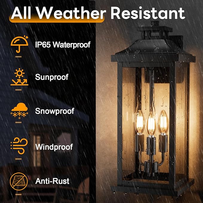 Large Outdoor Light 3-Light 20" Black Exterior Lighting Fixture, Modern Outside Wall Mounted Porch Sconce, Waterproof Patio Garage Garden Carriage Lantern Lamp for House E12, 1-Pack