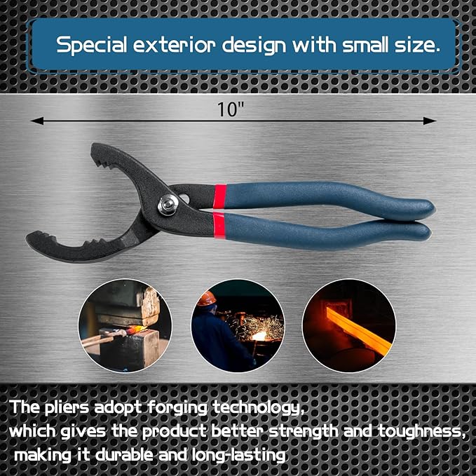 10" Oil Filter Pliers, Adjustable Small Oil Filter Wrench, Universal Oil Filter Removal Tool No Slipping for Engine Filters, Conduit, Fittings (10 Inch)