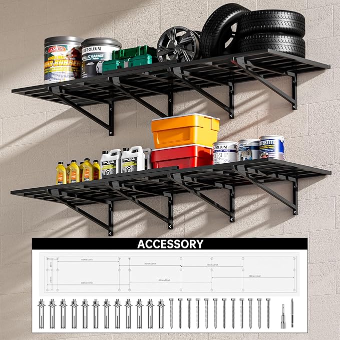 2-Pack 2x6 Ft Garage Wall Shelving Garage Shelving Wall Mounted Garage Wall Shelf 2000lbs Weight Capacityheavy Duty Wall Shelves Black