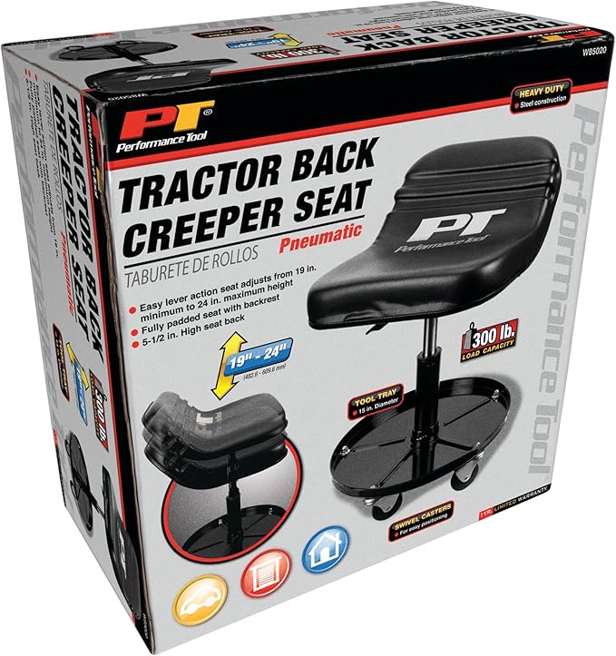 Performance Tool W85020 Tractor Creeper Rolling Work Seat with Storage Tray for Mechanic Garages and Workshops, Black, 24-inch Height