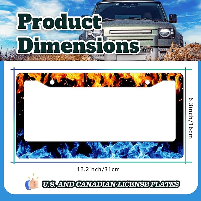 Red and Blue Flames License Plate Frame Abstract Fire License Plate Holder for Front or Rear Car Tags Stainless Steel Funny Car Decoration with Screws 6.3 X 12.2 in
