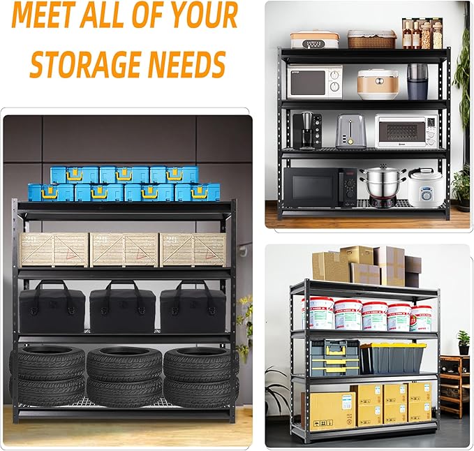 The Atlas 72" W Metal Garage Shelving Unit Load 12000 Lbs, 4 Tier Heavy Duty Storage Rack, Adjustable Industrial Shelves for Warehouse Shop Basement, 72" W x 24" D x 72" H, Black